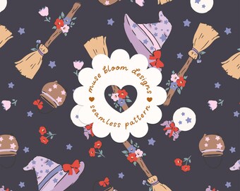 Motif sans couture de sorcière florale, balais roses et boules de cristal, papier numérique pour tissu d'Halloween style cottagecore (usage commercial)