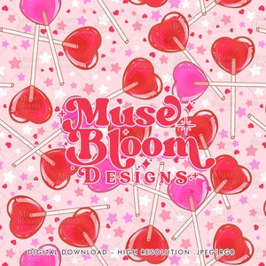 Valentine's Day Heart Lollipop Seamless Pattern Repeat File Sublimation Design for Fabric Printing