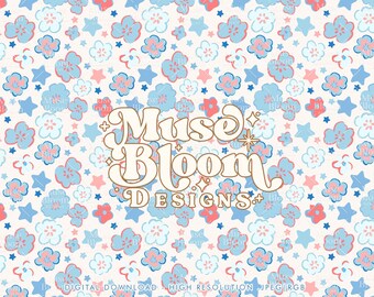 Retro Floral 4th of July Seamless Pattern – USA Fabric Printing (Digital)