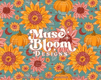 Fall Floral Seamless Pattern – Teal Sunflower Pumpkin Print (JPG File)