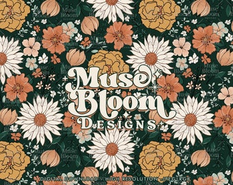 Dark Green Boho Retro Floral Digital Seamless Pattern For Fabric or Sublimation