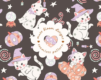 Motif sans couture de chats sorciers effrayants pour Halloween, citrouilles et bonbons, papier numérique commercial