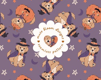 Motif sans couture Halloween Chiot Sorcière Citrouille, Papier numérique violet pour usage commercial