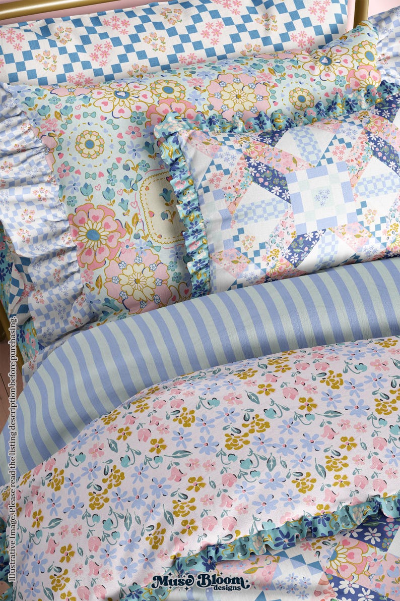 May include: Close-up of a bed with floral and geometric patterned bedding. The pillows and duvet feature a mix of pink, blue, and yellow floral designs, along with a blue and white checkered pattern. The bedding has a ruffled edge.