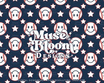 Retro Smiley Baseball Seamless Pattern, Kids Fashion Fabric (JPG File)