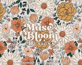 Boho Floral Seamless Pattern, Retro Flowers Fabric Design (Digital Download)