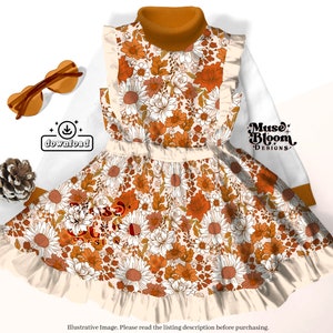 May include: A white dress with a brown and white floral pattern. The dress has a ruffled hem and a turtleneck. The dress is designed for children.