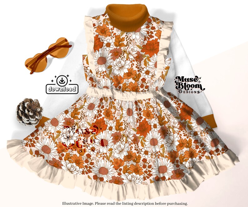 May include: A white dress with a brown and white floral pattern. The dress has a ruffled hem and a turtleneck. The dress is designed for children.