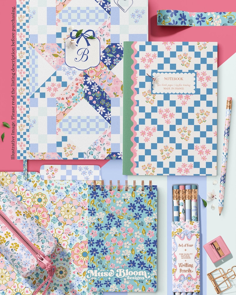 May include: A selection of stationery items with floral and geometric patterns in pastel shades. Includes notebooks, pencils, a pencil case, and decorative tape. The items feature a blue, pink, and white colour scheme with the text "Muse Bloom designs" and "Writing Pencils."