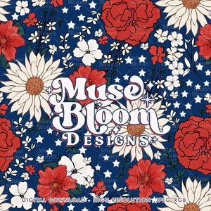 May include: A seamless pattern featuring red, white, and blue flowers on a navy blue background with white stars. The text "Muse Bloom Designs" is in the center of the pattern.