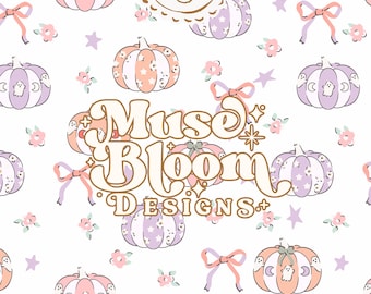 Halloween Pumpkins Print Seamless Pattern - Design for Commercial Use - White Coquette Bows