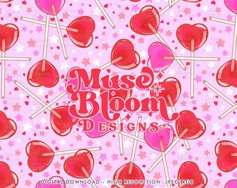 Valentine's Day Heart Lollipop Seamless Pattern Repeat File Sublimation Design for Fabric Printing