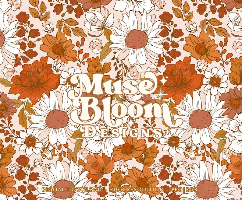 May include: A seamless pattern featuring a retro floral design with orange, brown, and white flowers. The text "Muse Bloom Designs" is centred on the pattern.