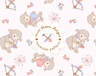 Motif sans couture d'agneau pour la Saint-Valentin, cœurs de mouton Cupidon, papier numérique rétro pastel pour tissu