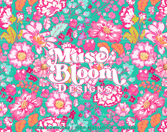 Summer Floral Seamless Pattern: Hot Pink Teal Fabric Print (JPG)
