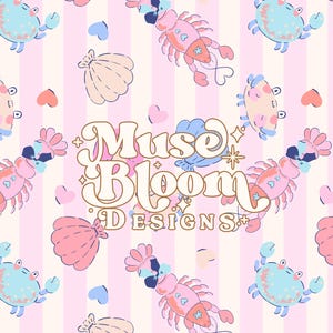 May include: A repeating pattern featuring cartoon crustaceans, seashells, and hearts in pastel pink, blue, and peach. The design includes crabs, lobsters, and shells on a striped background. The text "Muse Bloom Designs" is also present.
