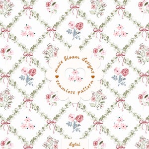 May include: A seamless pattern featuring a white background with a diamond grid formed by green leafy vines and small pink bows. Clusters of pink and red flowers are centered within each diamond. A central scalloped label reads muse bloom designs seamless pattern. A rectangular box at the bottom reads digital download HIGH RES JPEG-RGB.
