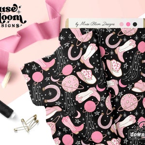 May include: Pink and white cowboy boot, horseshoe, and planet pattern on a black background. The pattern is repeated and includes stars and moons. The text "Muse Bloom Designs" is visible in the top left corner.