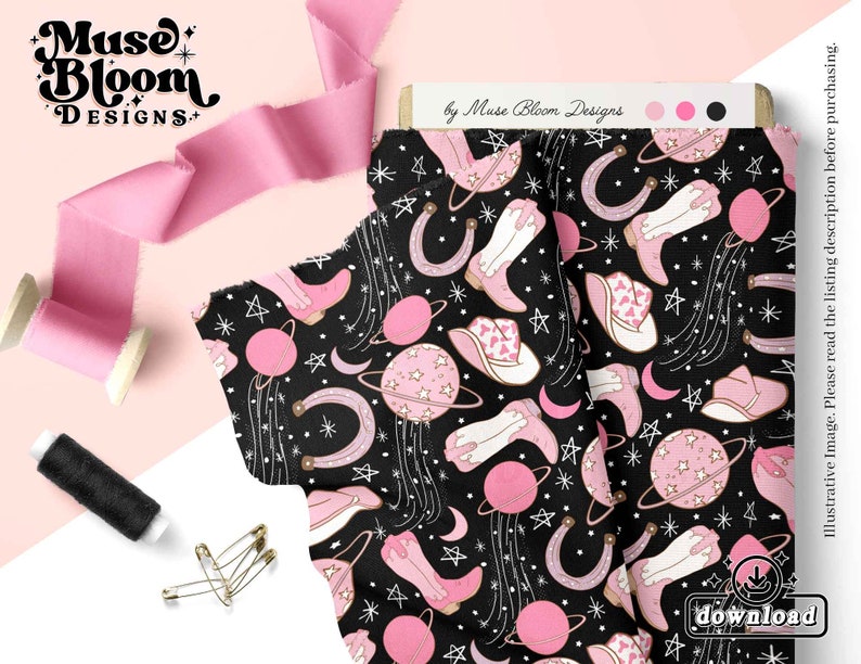 May include: Pink and white cowboy boot, horseshoe, and planet pattern on a black background. The pattern is repeated and includes stars and moons. The text "Muse Bloom Designs" is visible in the top left corner.