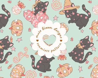 Motif sans couture d'Halloween mignon et effrayant avec une sorcière et un chat noir, des citrouilles roses et des bougies. Papier numérique commercial.