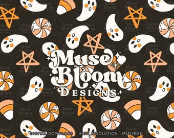 Candy Ghosts - Halloween Seamless File - Orange Gender Neutral - For Fabric Printing Sublimation