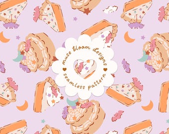 Motif sans couture de tarte à la citrouille pour Halloween, chauves-souris mignonnes, lunes et étoiles, papier numérique kawaii pour tissu (usage commercial)