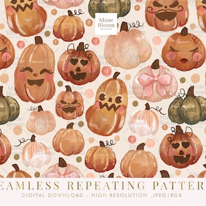 Peut inclure: Un motif sans couture répétitif présentant diverses citrouilles illustrées avec des expressions faciales différentes. Les citrouilles sont dans des tons d'orange, de brun et de vert, certaines ayant des nœuds roses. Le fond est beige clair avec de petits points roses et bruns.