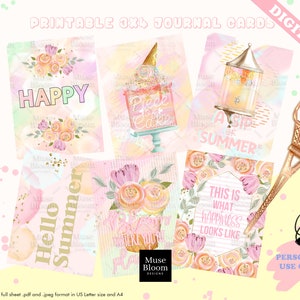 Puede incluir: Un conjunto de tarjetas de diario imprimibles de 3x4 con diseños de acuarela. Las tarjetas presentan arreglos florales, ilustraciones de pasteles y frases como "Happy", "Hello Summer" y "A Sip of Summer". Las tarjetas digitales están disponibles en formatos US Letter y A4.