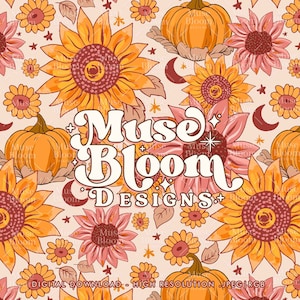 Fall Floral Print - Sunflowers Pumpkin Moon Stars - Boho - Seamless File For Fabric Design Printing Sublimation