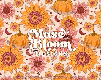 Herfstbloemenprint - zonnebloemen pompoen maansterren - boho - naadloos bestand voor stofontwerp printen sublimatie