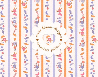 Motif sans couture pastel pour Halloween, chauves-souris, bonbons, fleurs, lune et étoiles, papier numérique à rayures rétro
