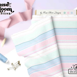 May include: Two pieces of fabric with a striped pattern in pink, blue, and green. The fabric has a white background with thin stripes of pink, blue, and green. The fabric is folded in half and the edges are frayed. The fabric is labeled "Muse Bloom Designs".