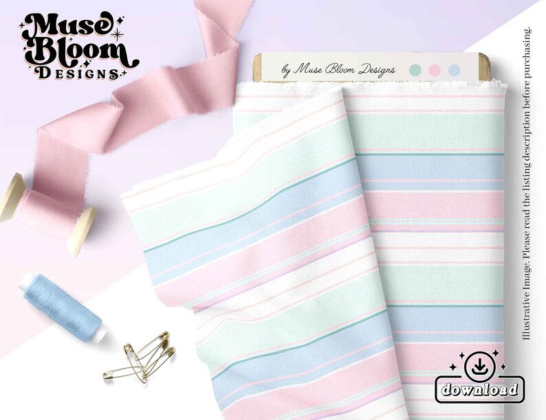 May include: Two pieces of fabric with a striped pattern in pink, blue, and green. The fabric has a white background with thin stripes of pink, blue, and green. The fabric is folded in half and the edges are frayed. The fabric is labeled "Muse Bloom Designs".