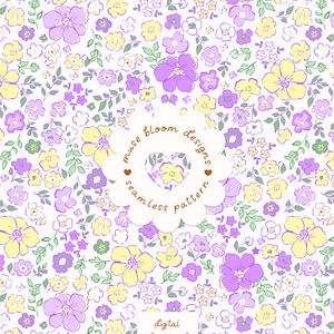 Peut inclure: Un motif numérique sans couture présentant un design floral répétitif avec des fleurs violettes et jaunes sur fond blanc. Une étiquette festonnée centrale affiche le texte muse bloom designs seamless pattern et digital download.