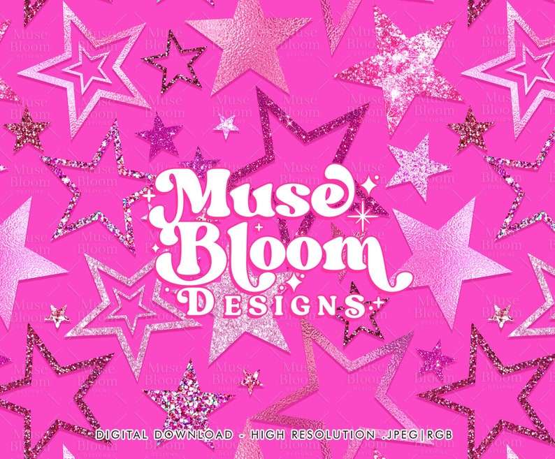 Puede incluir: Patr&oacute;n de estrellas de purpurina rosa con el texto "Muse Bloom Designs+" en blanco. El fondo es de color rosa brillante.