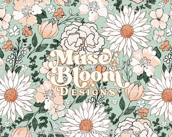 Boho Floral Seamless Pattern – Sage Green Fabric Print (JPG File)