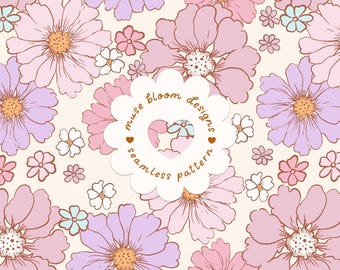 May include: A seamless pattern featuring light pink, lavender, and small light blue flowers on a cream background. A central scalloped label displays the text muse bloom designs seamless pattern and a heart icon. Text at the bottom reads digital download HIGH RES JPEG-RGB.