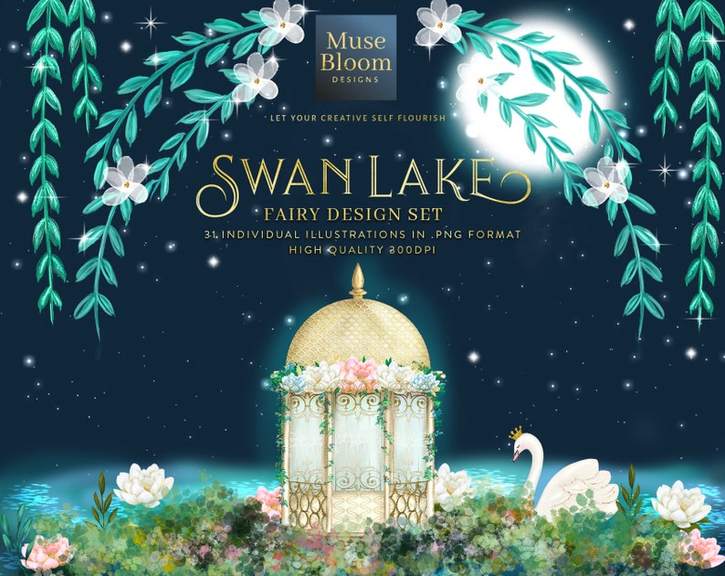 Floral Swan Crown Gazebo Valentine Wedding Romantic Waterlily Nursery Planner Graphics Illustrations Pond Magical Swan Lake Clipart Set