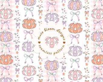 Motif sans couture de citrouille d'Halloween Coquette, nœuds fantômes à carreaux roses, papier numérique en tissu floral preppy