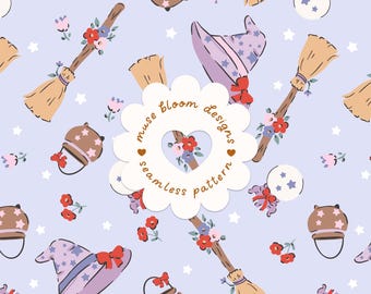 Motif sans couture Coquette Witch, balais violets et boules de cristal, papier numérique pour tissu d'Halloween style cottagecore (usage commercial)
