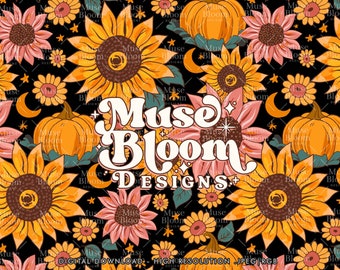 Naadloos bloemenpatroon herfst – zonnebloemen, pompoen, sterren (JPG-bestand)