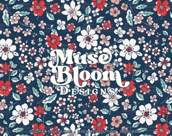 Tela con estampado floral rojo, blanco y azul para el 4 de julio (descarga digital)