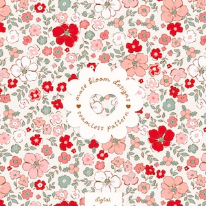 May include: A seamless floral pattern featuring red, pink, and sage green flowers on a cream background. A central scalloped label displays the text muse bloom designs seamless pattern with a heart icon. Bottom text reads digital download HIGH RES JPEG-RGB.