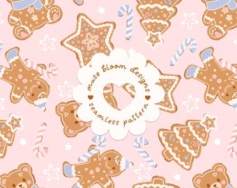 Motif sans couture de biscuits en pain d'épice roses pour Noël, papier numérique de Noël