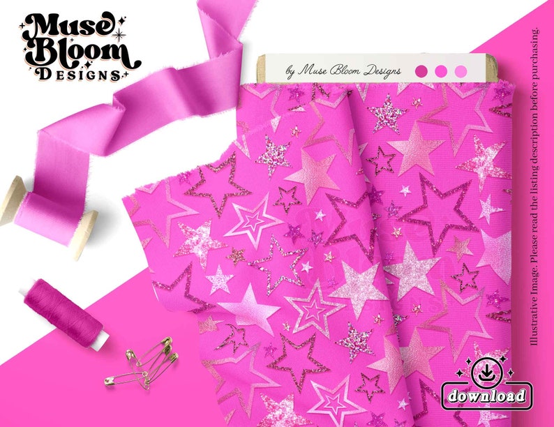 Puede incluir: Tela rosa con un patr&oacute;n repetido de estrellas doradas brillantes. La tela est&aacute; doblada por la mitad y el texto "Muse Bloom Designs" es visible en la esquina superior izquierda.