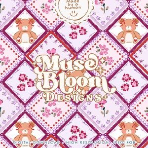 Fazzoletto romantico con orsacchiotto e stampa floreale, motivo senza cuciture - Design di San Valentino prugna, viola e rosa per uso commerciale