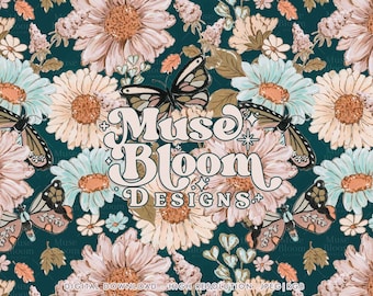Boho Florals Butterfly Seamless Pattern Repeat File Sublimation for Fabric Printing Commercial Use