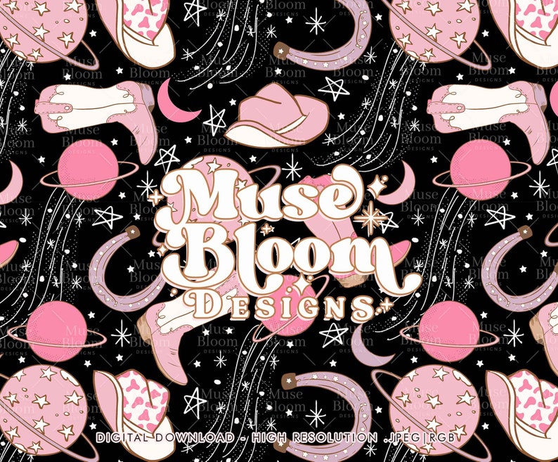 May include: A seamless pattern featuring pink cowboy hats, boots, horseshoes, and planets on a black background. The text "Muse Bloom Designs" is in the center of the pattern.