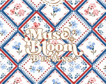 Romantic Handkerchief Floral Print Seamless Pattern - 4th of July Red White Blue Design for Commercial Use