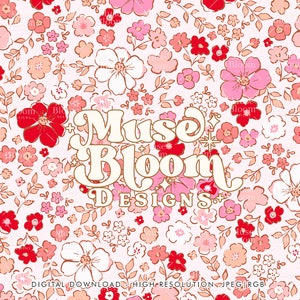 May include: A white background with a floral pattern in shades of pink, red, and orange. The text "Muse Bloom Designs" is written in a retro font in gold.